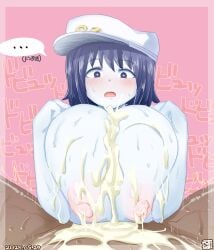 ... 1boy anchor_symbol black_eyes blue_hair blush breasts bright_pupils colored_skin commentary_request cookie_(touhou) cum ejaculation excessive_cum female hat highres huge_breasts itini-sanshi looking_at_viewer milk_(cookie) murasa_minamitsu nipples open_mouth paizuri pink_background pov pov_crotch sailor_hat short_hair solo_focus spoken_ellipsis touhou upper_body white_hat white_pupils white_skin