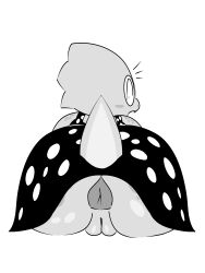 3:4 accident accidental_exposure alphys anthro anus ass big_anus big_butt buckteeth clothing digital_media_(artwork) eyewear female freckled_butt freckled_shoulders freckles genitals glasses hi_res lizard monochrome plump_labia reptile scalie shocked solo surprised susfortressa tail teeth undertale undertale_(series) vulva