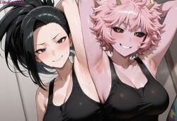 1girls 2girls absurd_res ai_generated arm_behind_head armpit armpit_crease armpit_fetish armpits ashido_mina big_breasts black_hair black_tank_top blush blush blush_lines boku_no_hero_academia breasts camouflage_shorts cleavage curvy curvy_figure female female high_resolution highres lewdcreationsai light-skinned_female light_skin momo_yaoyorozu my_hero_academia on_bed pink_skin sexually_suggestive sitting smirk smug stable_diffusion steam steaming_body steamy_breath sweat sweatdrop sweating sweaty tagme thick thick_legs thick_thighs thighs yuri yuri