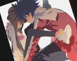 1boy blue_hair embarrassed female female holding_hands long_hair male pokemon pokemon_bw2 rosa_(pokemon) spread_legs stuck