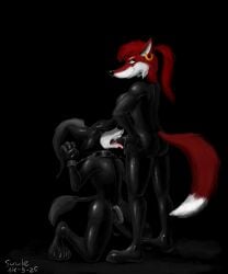 2025 black_background black_collar black_nose breasts canid canine collar ear_piercing ear_ring female fox genitals hi_res kneeling male male/female mammal penis piercing ring_piercing simple_background standing suule