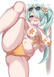 arius_satellite_school_student arius_squad_(blue_archive) blue_archive curvy full-face_blush hiyori_(blue_archive) hiyori_(swimsuit)_(blue_archive) large_breasts looking_at_viewer nanao_(naoekaki25) shy standing_on_one_leg standing_split thick_thighs trembling tummy voluptuous wavy_mouth wide_hips