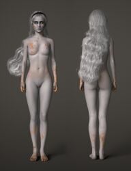 1girls 3d clair_obscur:_expedition_33 clea_(clair_obscur:_expedition_33) completely_nude completely_nude_female front_and_back full_body grey-skinned_female grey_skin nude nude_female solo stormlux18 white_hair