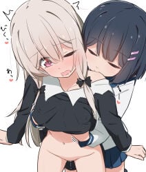 2girls absurdres amano_akari black_dress black_hair blue_skirt clothes_lift commentary_request dress dress_lift grabbing_another's_breast grabbing_from_behind grey_hair groping hair_ornament hairclip heart highres long_hair miruzawa_akechi multiple_girls one_eye_closed pink_eyes pleated_skirt pussy_juice school_uniform serafuku shirt simple_background skirt sophie_twilight tonari_no_kyuuketsuki-san white_background white_shirt yuri