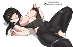 1girls baldur's_gate_3 barefoot big_breasts braid braided_hair breasts_out donburikazoku elf_female fanart forgotten_realms green_eyes leggings looking_to_the_side lying_on_back playful pointy_ears shadowheart solo_female teasing undressing