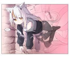 ... ? absurdres animal_ears black_jacket black_thighhighs blonde_hair cat_ears cat_girl cat_tail clueless dress expressionless female full_body glory_wall gradient_hair highres id_card jacket long_hair long_sleeves looking_at_viewer multicolored_hair off_shoulder open_clothes open_jacket original pouch red_hair short_dress sleeveless sleeveless_dress slimy spoken_ellipsis sstareven2 streaked_hair tail tentacle thigh_pouch thigh_strap thighhighs through_wall torn_clothes torn_jacket white_dress white_hair x-ray yellow_eyes