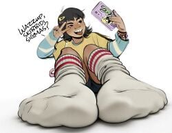 2d 2d_(artwork) alternate_version_available asian asian_female black_hair character_request clothed english_text feet foot_fetish foot_focus footwear inside_out inside_out_2 nerdy_female peace_sign selfie selfie_pose socks tan_skin tomboy
