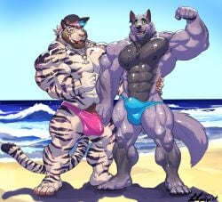 2024 anthro armpit_hair barazoku baseball_cap beach black_body black_countershading black_fur black_pawpads black_stripes blue_clothing blue_hair blue_sky blue_speedo blue_swimwear body_hair brown_facial_hair bulge canid canine canis chain_necklace chest_tattoo claws clothing countershade_torso countershading darsus_(tiger_muscle) dated deltoids djing_(ciriousmuscle) duo ear_piercing ear_ring facial_hair felid finger_claws flexing flexing_bicep fluffy fluffy_tail forearm_muscles fur furgonomic_hat furgonomic_headwear furgonomics genitals green_sclera hair hairy_legs hand_on_another's_hip hand_on_hip hat headgear headwear hi_res jewelry male male/male mammal markings multicolored_hair muscular muscular_anthro muscular_male muscular_thighs necklace nightterror obliques outside pantherine pawpads penis penis_base piercing pink_clothing pink_hair pink_paws pink_speedo pink_swimwear pubes purple_baseball_cap purple_body purple_clothing purple_fur purple_hat purple_headwear ring_piercing sand sea signature sky speedo speedo_down standing striped_body striped_fur striped_markings striped_tail stripes swimwear tail tail_markings tattoo tiger triceps two_tone_hair underpaw water wave white_body white_fur wolf yellow_sclera
