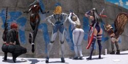 3d 6girls animal_ears anthro ass_up athletic_female big_ass black_widow_(marvel) black_widow_(marvel_rivals) curvaceous curvy curvy_figure dagger_(marvel_rivals) female fit_female flying fur grabbing_ass grabbing_own_ass high_heels high_quality highres katana leaning_forward leaning_on_wall leotard long_hair marvel marvel_rivals multiple_girls psylocke_(marvel_rivals) shairi3d short_hair shorts skin_tight skinsuit small_waist sniper_rifle squatting squirrel_girl_(marvel_rivals) stockings storm_(marvel_rivals) storm_(x-men) sue_storm tail teasing thick_ass thick_thighs tight_clothing wide_hips