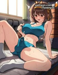 1boy 1girls 2025 ^^^ ai_generated arm_support artist_name bangs blush breasts breasts breasts brown_eyes brown_hair bulge bust chest covered_nipples cum erection erection_under_clothes eyebrows_visible_through_hair female foxenpai futanari hi_res high_quality high_resolution highres indoors legs_apart legs_spread open_legs open_mouth patreon patreon_username socks solo splayed_legs spread_legs stable_diffusion suzumiya_haruhi suzumiya_haruhi_no_yuuutsu sweat testicles trembling watermark
