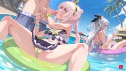 1boy 2girls airani_iofifteen beach bikini bikini_skirt blue_eyes bow_hairband breasts cameltoe caressing_testicles censored commentary double_bun dr-alu fellatio female front-tie_bikini_top front-tie_top green_bikini green_hairband grey_hair hair_bun hairband hololive hololive_indonesia hololive_indonesia_area_15 hololive_indonesia_holoh3ro hololive_summer_2023_swimsuit layered_bikini lens_flare licking licking_penis long_hair long_sidelocks looking_at_another male_swimwear medium_breasts mosaic_censoring multicolored_hairband multiple_girls no_hair_ornament official_alternate_costume oral paid_reward_available paint_splatter paint_splatter_on_face penis pink_hair pool purple_eyes side_ponytail side_up_bun sidelocks spread_legs straight striped_bikini striped_clothes swept_bangs swim_trunks swimsuit testicles thick_thighs thighs two_side_up very_long_hair vestia_zeta virtual_youtuber white_hair wristband