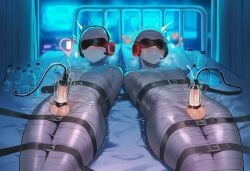 2boys ai_generated arms_behind_back ball_gag balls belt belt_bondage blindfold bondage bound covered_eyes covered_mouth cum cum_string curtain curtains ejaculation femboy gagged hospital hospital_bed huge_cock indoors kidnapped kidnapped_male large_penis legs_together medical_instrument mummification mummified penis penis_milking penis_milking_machine pipe steam steaming_body submissive_male sweat sweatdrop sweating sweaty tape testicles white_blindfold wrapped wrapped_up