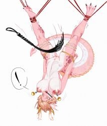 anthro areola arms_behind_back ball_gag big_breasts blonde_hair bondage bound breasts clamp claws curvy_figure dragon female femsub full-length_portrait gag genital_torture genitals gold_(metal) gold_jewelry hair hands_tied hanging_breasts hi_res horn jewelry kantoku legs_tied multicolored_body mythological_creature mythological_scalie mythology nipple_clamp nipple_piercing nipples nude piercing pink_body portrait pussy pussy_spanking pussy_torture questionable_consent restrained scalie scared shaded simple_background solo suffering tail thick_thighs toe_claws torture upside-down whip white_background wide_hips yellow_eyes