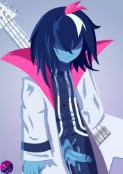 1boy 1femboy 2025 2025s 2d 2d_(artwork) abs absurd_res absurdres anthro artist_logo artist_name background balls blue_body blue_hair blue_skin blue_skinned_male deltarune deltarune_chapter_3 deltarune_tomorrow dripped_out dyed-hair dyed_hair dyedhair femboy femboy_only guitar hair_accessory hair_covering_eyes human human_on_anthro human_only inkbunny kris_(deltarune) leotard long_coat looking_down male male_focus male_only mouth_closed nipples original pants penis ripped_bodysuit ripped_clothing ripped_pants rock rocker rockstar simple_background solo solo_male tagme twunk unknown7u_nsfw wardrobe_malfunction