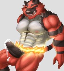 2022 abs absurd_res anthro balls barazoku biceps biped colored erection generation_7_pokemon genitals hi_res humanoid_genitalia humanoid_penis incineroar male muscular muscular_anthro muscular_male muscular_thighs nintendo nipples one_eye_closed pecs penis pink_nipples pink_nose pokemon pokemon_(species) red_balls serenaught triceps