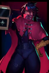 belt black_hair border english_text final_fantasy_vii glowing headband male_focus solo spiked_hair tagme thighs tight_clothes tight_pants torn_cloak torn_clothes vincent_valentine