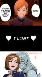 3panels alternate_version_at_source alternate_version_available arrogant blue_hair blue_skin comic defeated defeated_heroine dialogue enjoying_rape ginger_female ginger_hair implied_sex instant_loss jujutsu_kaisen kugisaki_nobara loving_it m0r14rt7 mahito_(jujutsu_kaisen) male male/female moaninatg moaning moaning_in_pleasure page_1 smirking straight sweating text text_bubble
