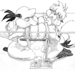 2girls anthro bondage bound bound_together breast_bondage breast_press breast_press_(device) breast_torture breasts canine closed_eyes crying female femsub fox fur furry kkatman kneeling large_breasts looking_at_viewer machine mammal monochrome multiple_subs spikes tears torture vise