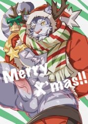 2020 anthro balls barazoku biped christmas christmas_clothing christmas_headwear clothing colored cygames felid genitals grey_balls gunso_p hat headgear headwear hi_res holidays humanoid_genitalia humanoid_penis male mammal muscular muscular_anthro muscular_male muscular_thighs nimbus_(world_flipper) pantherine penis pink_nose santa_coat santa_hat solo tiger world_flipper