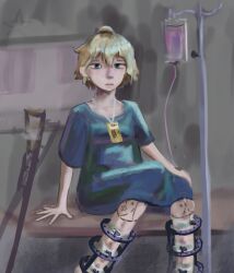 amputation blonde_hair blue_eyes core_comopund crutches dropper female medical_examination medical_gown messy_hair oc sfw sitting sitting_on_bed solo_female surgery worried worried_expression