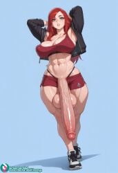 1futa 1futanari athletic_futa athletic_futanari big_balls big_breasts big_hips big_muscles big_penis big_thighs futa_only futanari green_eyes gym gym_clothes gym_clothing gym_shirt gym_shorts hyper_balls hyper_genitalia hyper_penis katarina_du_couteau league_of_legends makeup muscular_futanari noonyx red_hair tagme