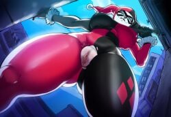 1girls ai_generated batman_(series) blue_eyes city dc dc_comics female gotham_city harley_quinn harley_quinn_(classic) looking_at_viewer mullon night novelai pussy smile supervillain torn_bodysuit torn_clothes voluptuous