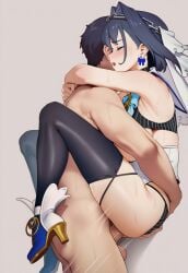 1boy 1girls against_wall ai_generated armpits black_thighhighs blue_hair blush closed_eyes hololive hololive_english hug huge_breasts sex straight sweat thighs vaginal_penetration vaginal_sex virtual_youtuber
