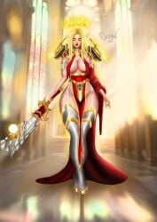 1girls big_ass big_breasts blonde_hair blood_elf dress elf female glowing_eyes knight paladin_(warcraft) standing sword warcraft white white_skin world world_of_warcraft