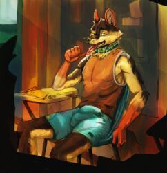 anthro canid canine canis classroom clothing domestic_dog erection hi_res leaking male male_only mammal orioz public school shirt solo_focus tank_top topwear wolf