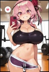 1girls ai_generated belly belly_button cellphone cleavage female_pubic_hair gym gym_shorts hair_flower heart heart-shaped_pupils huge_breasts navel nijisanji nijisanji_en pink_hair red_eyes rosemi_lovelock shorts_pull smile sports_bra sweat teasing thighs virtual_youtuber