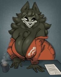 2024 5_fingers anthro big_breasts black_body black_ears black_hair black_sclera black_skin bone breasts canid canine canis chest_tuft clothed clothing container cup curvy_figure desk digital_drawing_(artwork) digital_media_(artwork) female female_anthro fingers front_view furniture hair hand_on_desk hand_on_table hands_on_desk hands_on_table huge_breasts jumpsuit lidded_eyes looking_aside malo mammal monster mug narrowed_eyes open_clothing open_topwear orange_jumpsuit paper pointy_ears portrait prick_ears prison_uniform prisoner pupils rekkadraws scp-1471 scp-1471-a scp_foundation seductive skull skull_head solo suggestive table tight_clothing topwear tuft voluptuous voluptuous_anthro voluptuous_female white_pupils wolf zipper_down zipper_jumpsuit