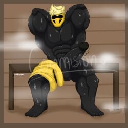 bara black_body erect_penis gay lustfulsai masked_male original_character sauna solo sweating veiny_penis