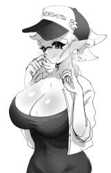 1girls black_dress breasts cleavage covered_navel dress earrings fellatio_gesture female greyscale hat inkling inkling_girl large_breasts looking_at_viewer marie_(agent_2_casual) marie_(splatoon) mask nintendo norishiitsu simple_background solo splatoon sweat tentacle_hair tongue tongue_out