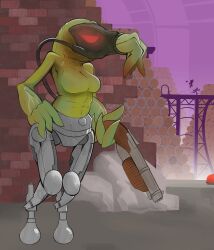 absurd_res alien breadinatoarts brick_wall cybernetics cyborg female furry gun hi_res holding_object holding_weapon humanoid machine mudokon oddworld ranged_weapon slig solo wall_(structure) weapon