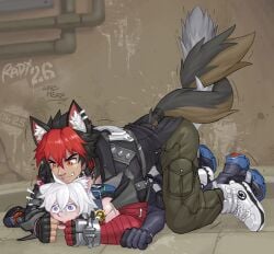 2boys all_fours animal_ears artist_name black_jacket blue_eyes blush cat_boy cat_ears cat_tail commentary_request cross_scar dated dog_boy dog_ears dog_tail earrings finger_in_another's_mouth gay gay_male jacket jewelry komano_manato looking_at_another male_focus multicolored_hair multiple_boys notice_lines paid_reward_available radx26 scar scar_across_eye scar_on_face scar_on_shoulder seth_lowell tail tail_wrap white_hair yaoi zenless_zone_zero