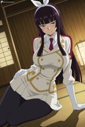 1girl ai_generated arm_support black_hair black_pantyhose blunt_bangs blush breasts brown_eyes buttons digitalwaifugallery double-breasted fairy_tail frown gloves hair_ribbon hairband hand_on_own_hip hi_res high_quality high_resolution hime_cut indoors jacket kagura_mikazuchi lantern large_breasts long_hair looking_at_viewer miniskirt mole necktie pantyhose patreon purple_hair red_necktie ribbon seductive sexy shirt sitting skirt sliding_doors solo uncensored uniform watermark white_gloves white_hairband white_ribbon white_shirt white_skirt