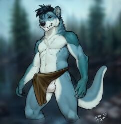 balls bottomwear clothing erection genitals hi_res lake loin_cloth_tent loincloth male mammal mustelid nature otter plant river sunitai tenting tree tribal