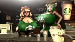2girls apron apron_only arms_(game) big_breasts blonde_hair bob_cut breasts_bigger_than_head busty cleavage coffee_shop curvy female_only green_eyes green_hair height_difference huge_breasts kid_icarus large_breasts light_skin lips long_hair looking_at_viewer milf min_min_(arms) nintendo palutena sfm source_filmmaker starbucks thick_hips tight_fit voluptuous wide_hips