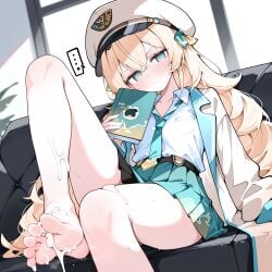... 1girls ai_generated barefoot blonde_hair blush book cum cum_on_feet embarrassed footjob green_eyes green_skirt hat hololive kazama_iroha long_hair medium_breasts on_couch sweat thighs virtual_youtuber white_shirt
