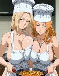 2irls ai_generated apron apron_only barely_clothed big_breasts bleach blonde_hair blue_eyes blush breasts breasts_bigger_than_head brown_eyes chef_hat constanzai cooking crossover female female_only food functionally_nude hat headwear holding_object hourglass_figure huge_breasts large_breasts matsumoto_rangiku mature mature_female milf mommy mostly_nude multiple_girls naked_apron naruto naruto_(series) naruto_shippuden offering offering_food offering_to_viewer orange_hair plump sagging_breasts shounen_jump solo solo_focus teamwork thick_thighs tied_hair top_heavy topwear tsunade twintails voluptuous