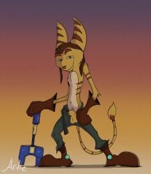 absurd_res animal_genitalia animal_penis anthro artietheartbull balls clothing digital_media_(artwork) fur genitals green_eyes handwear hi_res lombax looking_at_viewer male mammal nude penis ratchet_(ratchet_and_clank) ratchet_and_clank sheath simple_background solo sony_corporation sony_interactive_entertainment stripes tail yellow_body yellow_fur