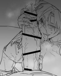 13_thirteen 1boy 2boys 3boys bara bara_tiddies bara_tits barazoku big_pecs big_penis bitch_bara black_and_white blowjob blush choker compass_(game) double_fellatio gay hearts_around_head hekigo huge_cock kissing_penis licking licking_penis male male/male monochrome muscular muscular_male musk pecs pectorals penis_on_face red_eyes saliva sketch spit sucking_penis sucking_penis_tip sweat threesome white_hair white_skin yaoi
