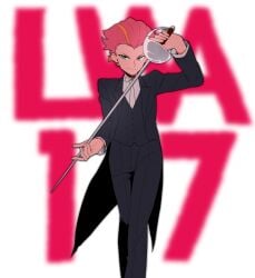 >:) 320_(romsen) absurdres amanda_o'neill bad_id bad_pixiv_id coattails commentary_request crossdressing female formal_clothes green_eyes highres little_witch_academia multicolored_hair orange_hair rapier red_hair reverse_trap smile solo suit sword two-tone_hair v-shaped_eyebrows weapon white_background