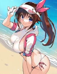 1girls ai_generated ass beach bikini blue_eyes brown_hair hololive large_breasts long_hair sideboob smile thighs tokino_sora virtual_youtuber water white_bikini white_gloves