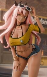 1girls 3d armwear big_breasts bikini_bottom bikini_top black_bikini_bottom black_bikini_top blue_shorts bracelet brazilian brazilian_miku_(cosplay) brazilian_nicole brazilian_nicole_(zenless_zone_zero) brazilian_nicole_demara_(zenless_zone_zero) breasts choker cleavage cosplay crop_top dkclaude3d ear_piercing earrings female female_only green_eyes hair hair_ribbon headwear huge_breasts long_hair mole mole_on_breast mole_on_thigh mole_under_eye multicolored_nail_polish multicolored_nails nail_polish nails neckwear nicole_demara pink_hair ribbon short_shorts shorts solo solo_female sunglasses sunglasses_on_head thighs twintails zenless_zone_zero