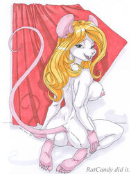 anthro ass blonde_hair breasts brown_eyes curtains female fur furry hair mouse nude pussy ratcandy rodent sideboob solo