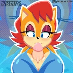 accurate_art_style big_breasts big_dick big_penis blue_background blue_eyes blush breasts c_m_g_nsfw fur furry furry_female mobian mobian_(species) orange_body penis pov red_hair sally_acorn sega smile sonic_(series) sonic_channel sonic_the_hedgehog_(series) titjob