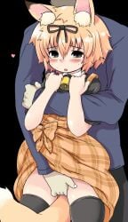 1boy aizawa_shin animal_ear_fluff animal_ears bell black_background black_thighhighs blonde_hair blush bow female fingering fingering_from_behind fox_ears heart highres hug hug_from_behind komori-san orange_skirt original plaid_clothes plaid_skirt short_hair simple_background skirt straight tail thighhighs thighs