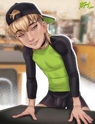 1boy absurdres andava backwards_hat baseball_cap black_shorts black_sleeves blonde_hair blurry bulge depth_of_field eyebrow_piercing face_piercing green_eyes green_shirt hat highres looking_at_viewer male_focus original piercing shirt short_shorts shorts solo tyler_(andava)