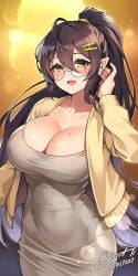 1girls ahoge airpods black-framed_eyewear black_hair bloody0rabby breasts cardigan collarbone dongtan_dress double-parted_bangs dress female glasses grey_dress hair_between_eyes hand_up headphones high_ponytail highres hilde_(trickcal_re:vive) huge_breasts long_hair looking_at_viewer meme_attire mole mole_on_breast open_cardigan open_clothes open_mouth pointy_ears ponytail round_eyewear signature solo taut_clothes taut_dress tight_clothes tight_dress trickcal_re:vive tucking_hair very_long_hair wireless_earphones yellow_cardigan